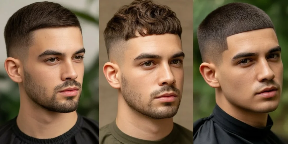 Three variations of the French crop haircut with fade and textured top.
