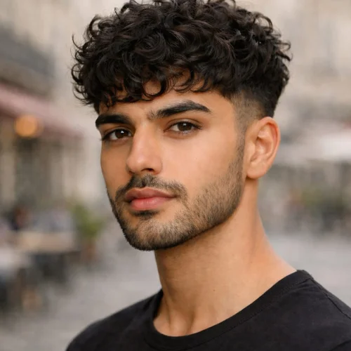 The image shows a man with a classic curly French crop hairstyle. His hair is naturally curly, with slightly longer hair at the front forming a short fringe, while the sides and back are neatly trimmed. The background is plain, keeping the focus on the haircut’s details.