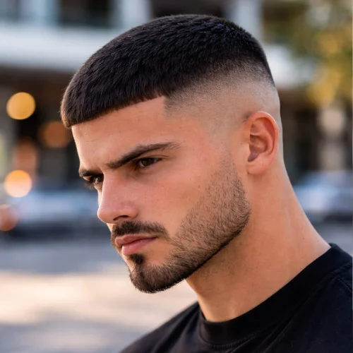 a man in black shirt with buzz cut French crop hairstyle