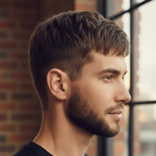 Sharp French crop haircut with textured top, clean fringe, and smooth taper fade.