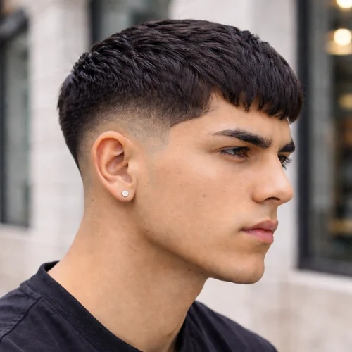 A close-up profile of a young man with a burst fade French crop hairstyle, featuring blunt bangs and a textured fade that transitions into the skin on the sides. His sharp jawline and focused expression are complemented by a silver stud earring and a black T-shirt. The urban background is softly blurred, emphasizing the clean, modern style and highlighting the contrast between the hairstyle and the surroundings.