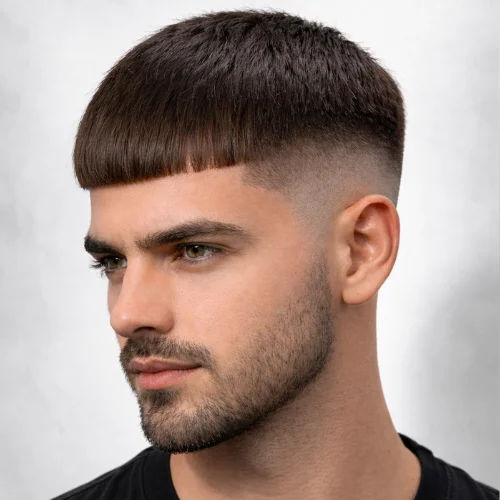 A close-up of a man with a French crop fade, featuring a blunt fringe, high skin fade, and a well-groomed beard, wearing a beige T-shirt.