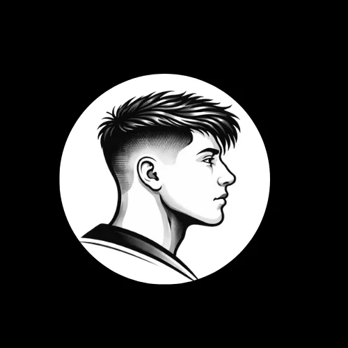 "Minimalist logo of a person with a French crop haircut, featuring a textured top and faded sides in a sleek circular design."