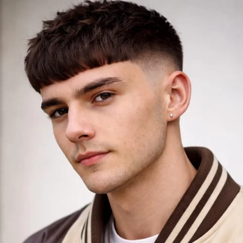 “Close-up portrait of a young man with a textured fringe French crop fade haircut, featuring a blunt fringe and high skin fade, wearing a beige and brown varsity jacket.”