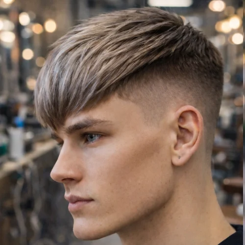 a young man with fair skin, sporting a long French crop hairstyle. His ash blonde hair falls above his eyebrows with textured layers, complemented by a clean fade on the sides. He has sharp features, including a defined jawline, and his serious expression is framed by his sleek, modern hairstyle. The blurred barber shop backdrop with soft lighting adds depth to the image, highlighting the dynamic look of the hairstyle.