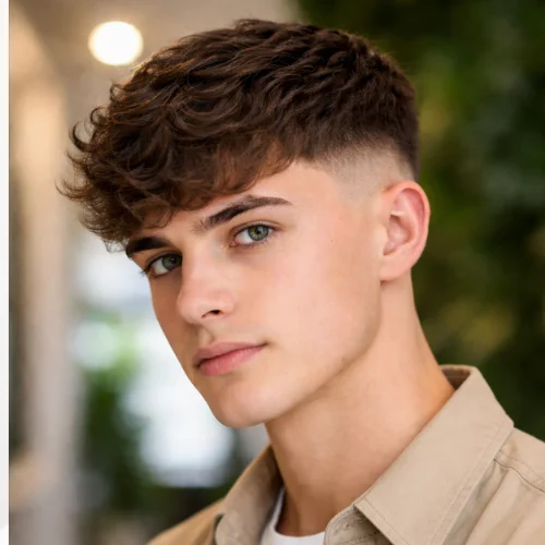 A close-up digital portrait of a young Caucasian man with a textured, messy French crop hairstyle and a clean mid-skin fade on the sides. He wears a beige unbuttoned shirt over a white tee, showcasing sharp features, hazel eyes, and a confident expression. The background is softly blurred, enhancing the natural lighting that highlights his facial details.