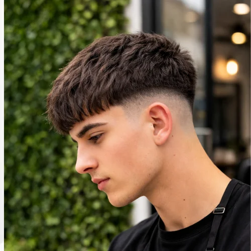 A young man in profile at a barbershop, wearing a black shirt and black apron, with a clean, textured French crop hairstyle and a precise mid-skin fade.