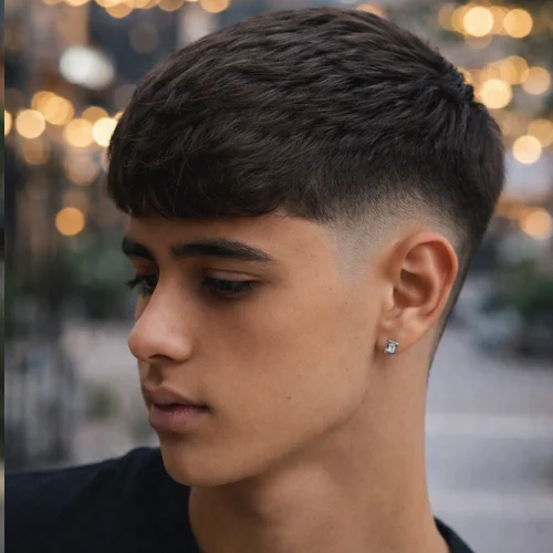 A close-up profile of a young man with a low fade French crop hairstyle. His dark brown hair is styled in a textured, short fringe, with a fade blending into the sides. He is wearing a light blue denim jacket, and the softly blurred background of urban lights adds depth to the image, highlighting his sharp features and clean haircut.