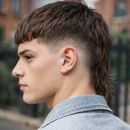 A close-up profile of a young man with fair skin, showcasing a mullet French crop hairstyle. The front features short, textured bangs blending into a fade on the sides, while the back has longer, wavy hair. He is wearing a light blue denim jacket, and the softly blurred urban background highlights the sharp details of his face and hairstyle.
