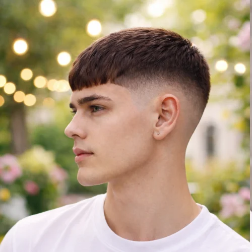 "A close-up portrait of a young man with a short French crop haircut. His hair is neatly trimmed with a tapered fade on the sides, and he has a smooth jawline, hazel eyes, and clear skin. The background is softly blurred with hints of greenery and warm lighting."