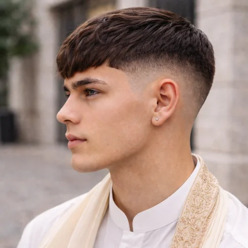 "A side profile of a young man with a French crop hairstyle featuring a tapered fade on the sides. His hair is short and textured on top, with a clean fade along the sides and back, showcasing a sharp, modern look."