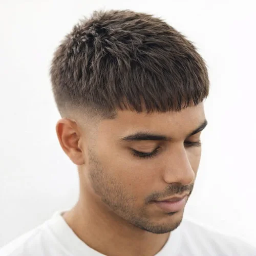 Front/side view of a man with a textured French crop haircut—short, choppy layers on top with a straight, blunt fringe across the forehead and a tight fade on the sides and back.