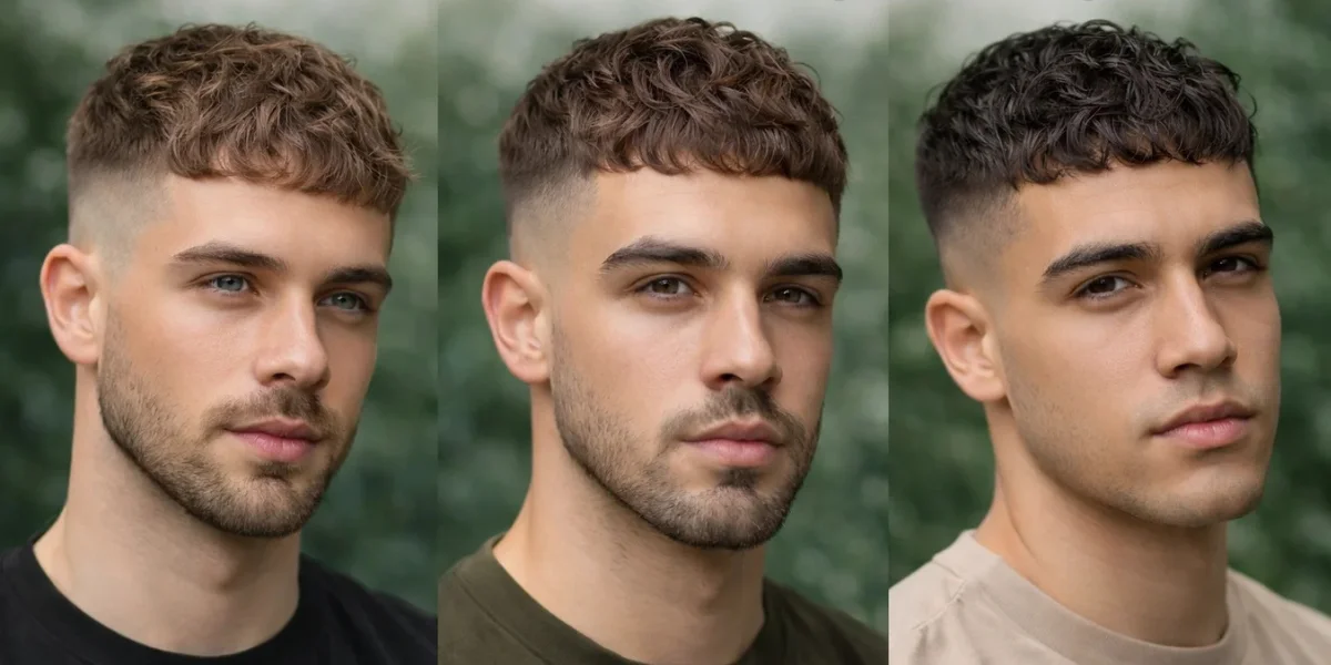 Three men with different textured french crop hairstyle variations featuring faded sides, choppy textured tops, and modern fringe, styled in a clean and natural outdoor setting.