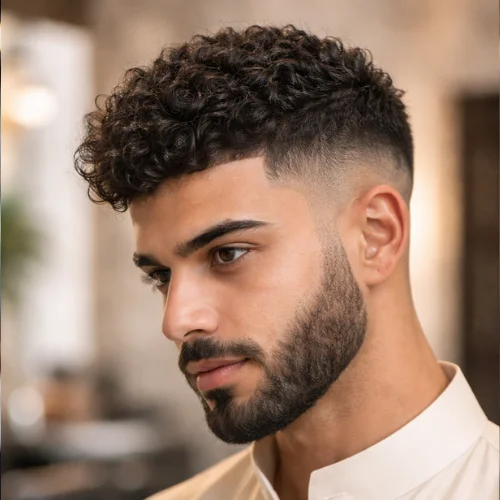Textured French crop haircut for curly hair with defined curls on top and low fade sides, modern men’s hairstyle with natural volume and clean tapered finish