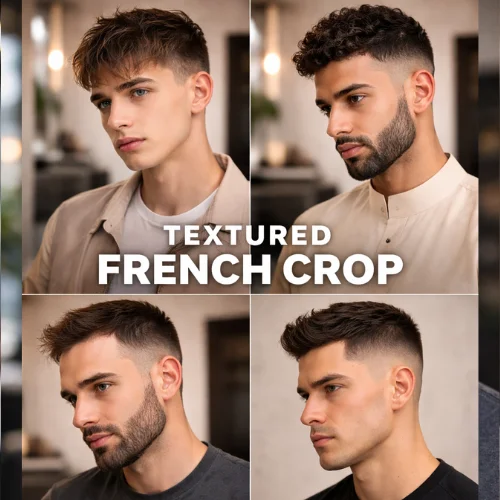 Textured French crop haircut for different hair types including straight, wavy, and curly hair, modern men’s hairstyle with textured top and clean fade sides suitable for versatile looks