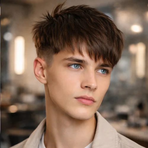 Textured French crop haircut for straight hair with soft fringe and low fade sides, modern men’s hairstyle with natural movement and clean finish