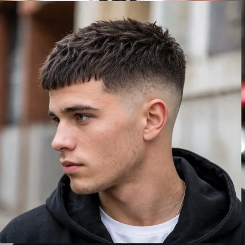 Side view textured French crop low taper fade with short top, clean taper sides and neat neckline