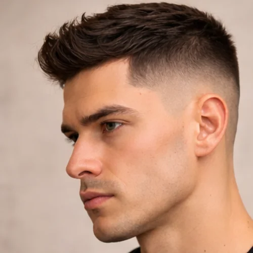 Textured French crop skin fade haircut with short textured top and high skin fade sides, modern men’s hairstyle with sharp clean finish and natural volume