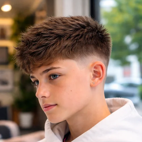 Textured French crop taper haircut with short messy top and clean tapered sides, modern men’s hairstyle with natural texture and soft fringe
