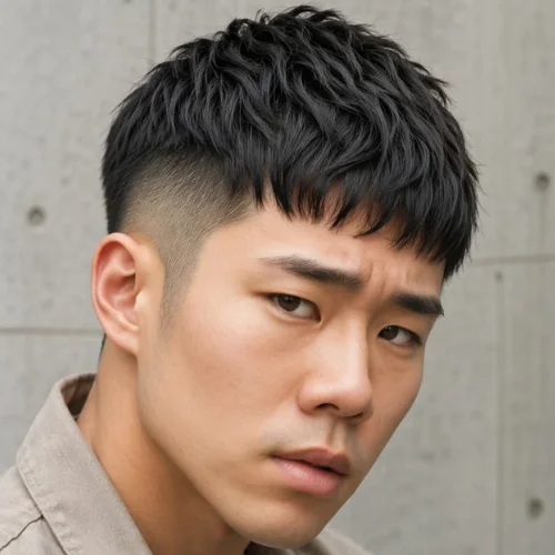 Man with an Asian French crop haircut, featuring a textured, slightly messy top, short fringe, and a clean tapered fade on the sides for a modern look.