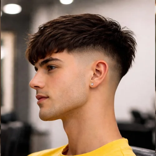 Blowout French crop haircut with voluminous textured top and clean faded sides, modern men’s hairstyle with airy lift and stylish finish