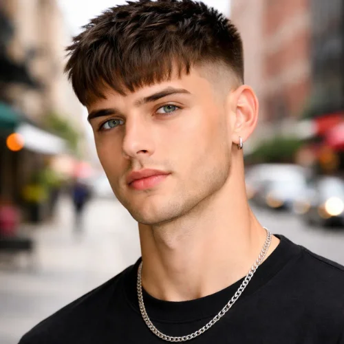 Drop fade French crop haircut with curved fade around the ears and short textured top, trendy and clean men haircut style