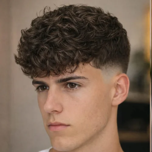 Fluffy French crop haircut with curly textured top and low fade sides, modern men’s hairstyle with natural volume and soft fringe look