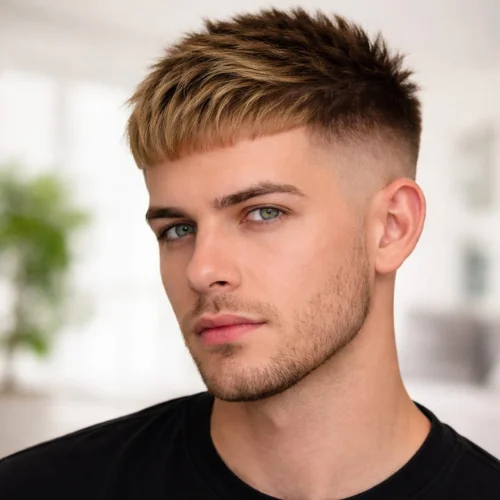 Blonde French crop haircut with short textured fringe and low fade sides, modern men’s hairstyle with light hair colour and clean stylish finish