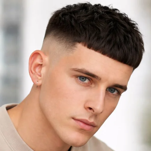 Edgar style French crop haircut with sharp straight fringe and high skin fade, modern men’s hairstyle with clean and edgy look