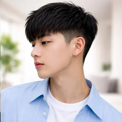 Korean style French crop haircut with soft textured fringe and clean tapered sides, trendy K-style men’s hairstyle with natural volume and smooth finish