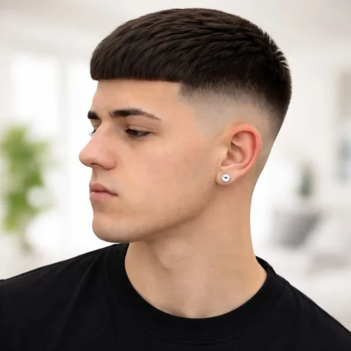Skin fade French crop haircut with sharp blunt fringe and ultra-clean faded sides, modern men’s hairstyle with sleek and polished look