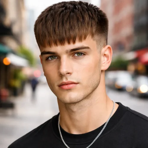 Man with a straight hair French crop, featuring a clean, blunt fringe, smooth flat top, and a sharp fade on the sides for a neat, structured look.