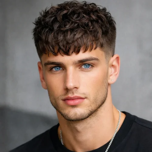 Close-up of a man with a textured French crop fringe, featuring a curly, voluminous top, soft uneven fringe, and neatly tapered sides for a modern, stylish look.