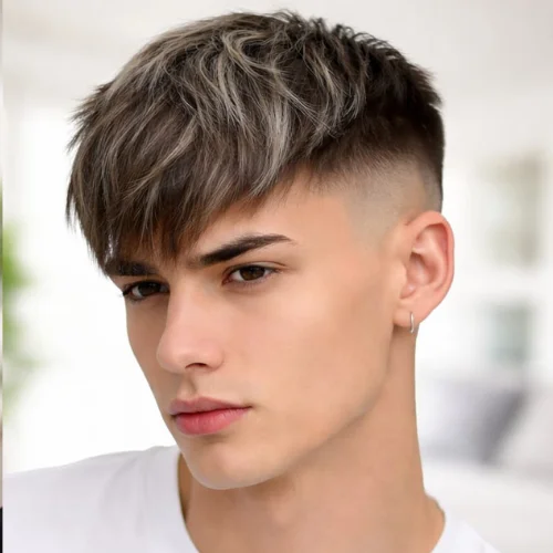 French crop undercut haircut with long textured fringe and disconnected sides, modern men’s hairstyle with sharp contrast and stylish finish