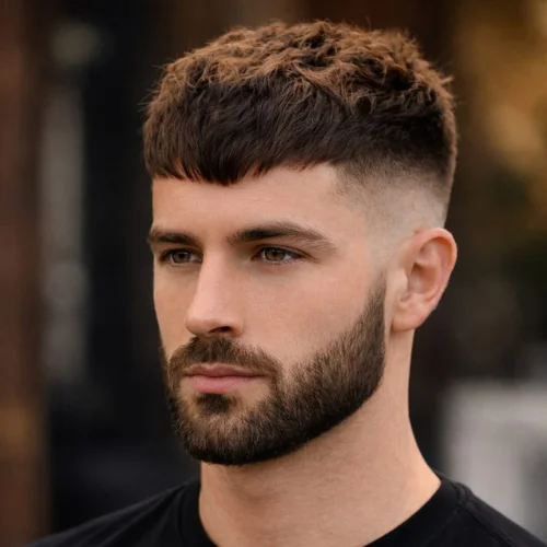 French crop haircut with beard featuring short textured fringe and mid fade sides, modern men’s hairstyle with full beard and sharp masculine look