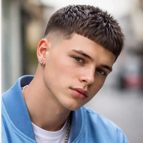 French crop haircut with sharp line up and clean fade sides, modern men’s hairstyle with defined edges and structured finish