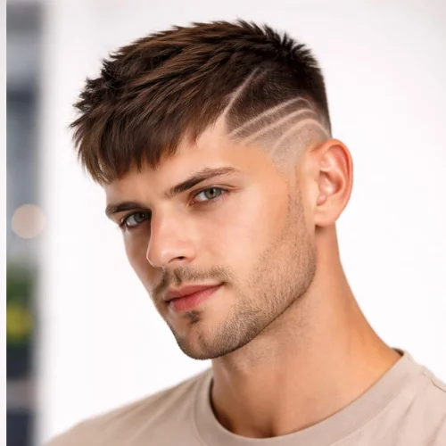 French crop haircut with shaved design featuring textured top and skin fade sides with line patterns, modern men’s hairstyle with edgy and stylish look