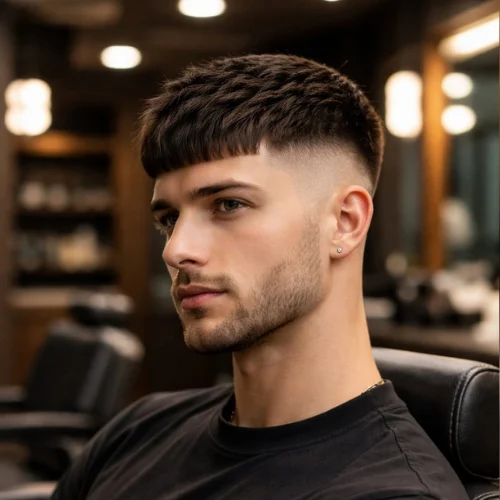 High taper French crop haircut with clean sharp fade and short textured fringe, modern men’s hairstyle with neat and polished look
