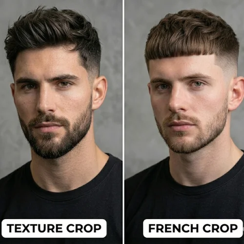 Comparison of textured crop and textured French crop haircut, showing difference between natural textured top and defined fringe with clean fade sides in modern men’s hairstyles