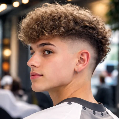 Side view of a man with a textured french crop burst fade, featuring curly textured hair on top and a clean burst fade around the ears for a trendy and modern look.