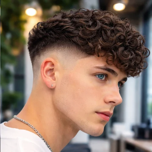 Textured French crop fade haircut with curly top and low skin fade on the sides, modern stylish men’s hairstyle with natural volume and clean finish