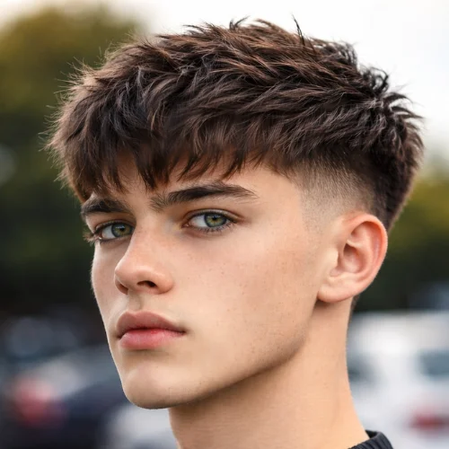 Textured French crop haircut with fringe featuring layered top and front bangs with clean fade sides, modern men’s hairstyle with natural texture and sharp finish