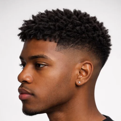 Side view textured French crop low taper fade with short top clean taper sides and neat neckline