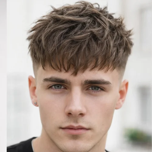 Messy textured French crop haircut with tousled top and low fade sides, modern men’s hairstyle with natural movement and relaxed look