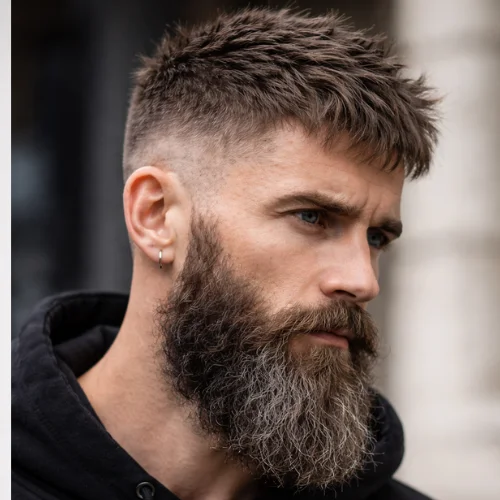 Textured French crop haircut with beard and clean fade sides, stylish men’s hairstyle combining sharp haircut with well-groomed facial hair
