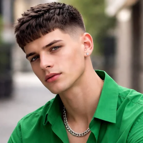 French crop haircut with textured top and low fade sides, modern men’s hairstyle with natural volume and clean stylish finish