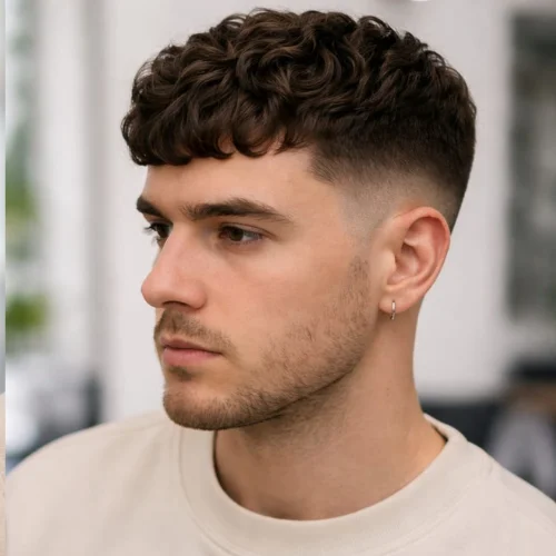 Wavy French crop haircut for men with natural curls on top and low fade sides, modern textured hairstyle with soft fringe and stylish finish