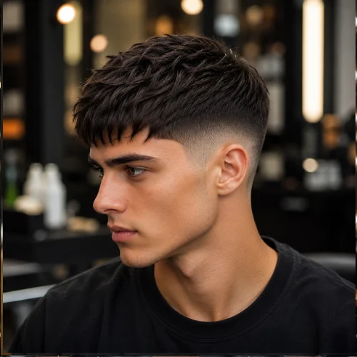 Young man with a French crop low fade haircut and straight hair, featuring a clean fade and textured top.