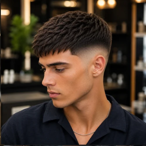 Handsome man with a French crop mid fade haircut and straight hair, featuring a textured top and clean faded sides.