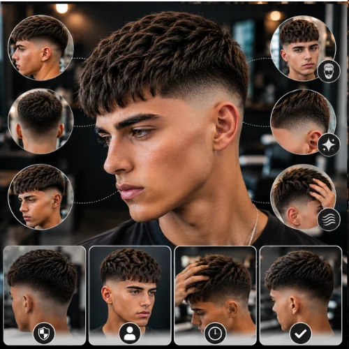 Benefits of French Crop Straight Hair for Men showcased through multiple hairstyle angles in a modern barbershop. Features a clean low fade, straight textured top, easy maintenance styling, and a sharp masculine appearance